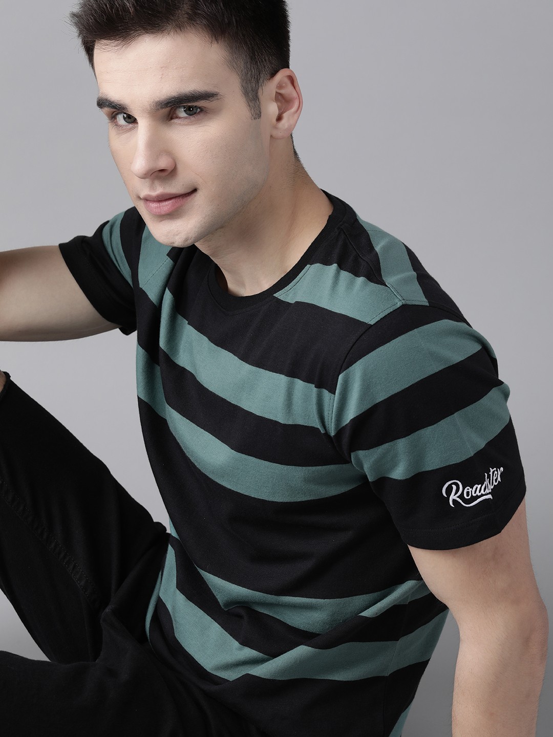 

The Roadster Lifestyle Co Men Green Black Striped Round Neck Pure Cotton T-shirt