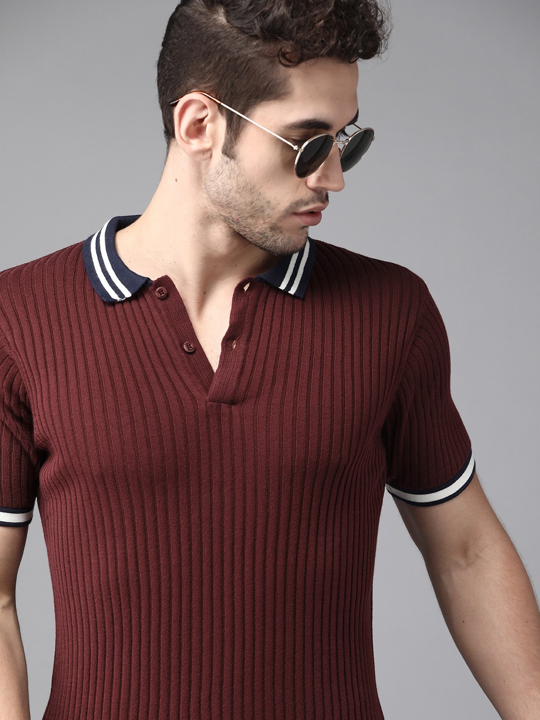 

The Roadster Lifestyle Co Men Burgundy Ribbed Pure Cotton Polo Collar Pure Cotton T-shirt