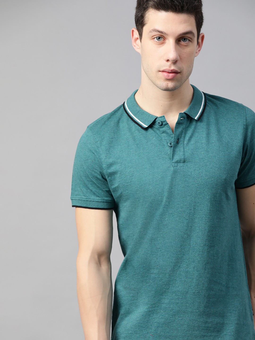 

The Roadster Lifestyle Co Men Teal Green Polo Collar Cotton T-shirt