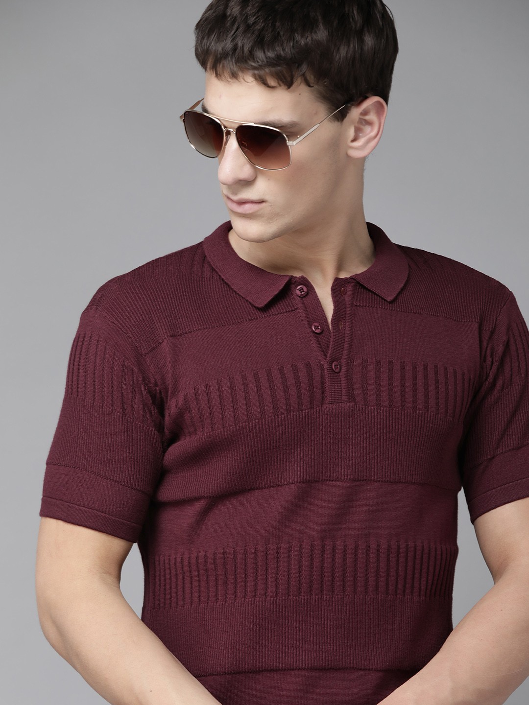 

The Roadster Lifestyle Co Men Burgundy Pure Cotton Self-Striped Ribbed Polo Collar Pure Cotton T-shirt