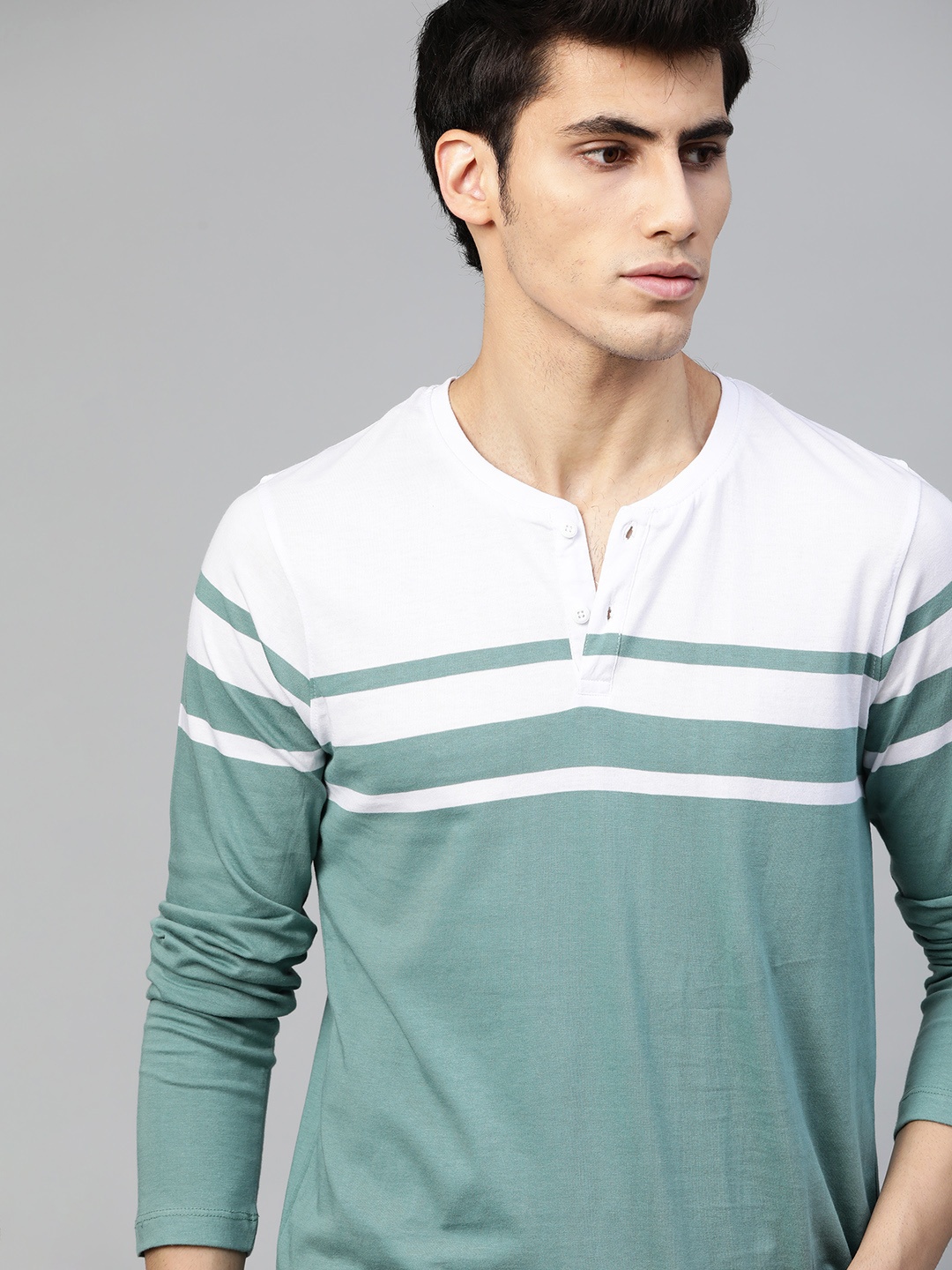 

The Roadster Lifestyle Co Men Green & White Striped Henley Neck T-shirt