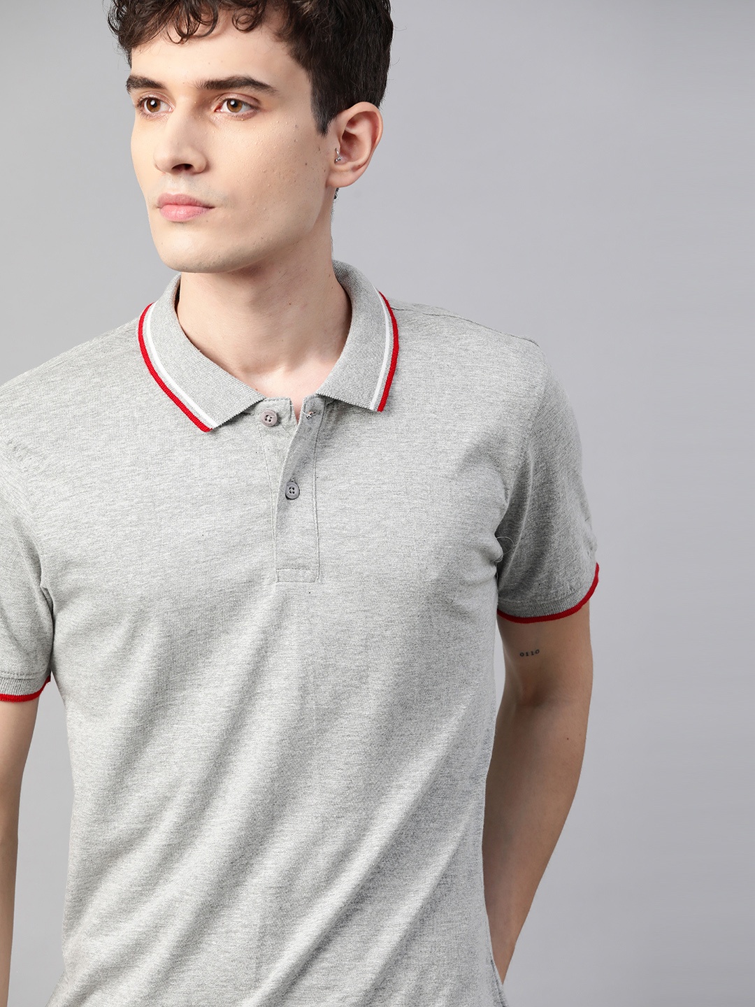 

The Roadster Lifestyle Co Men Grey Melange Polo Collar Cotton T-shirt
