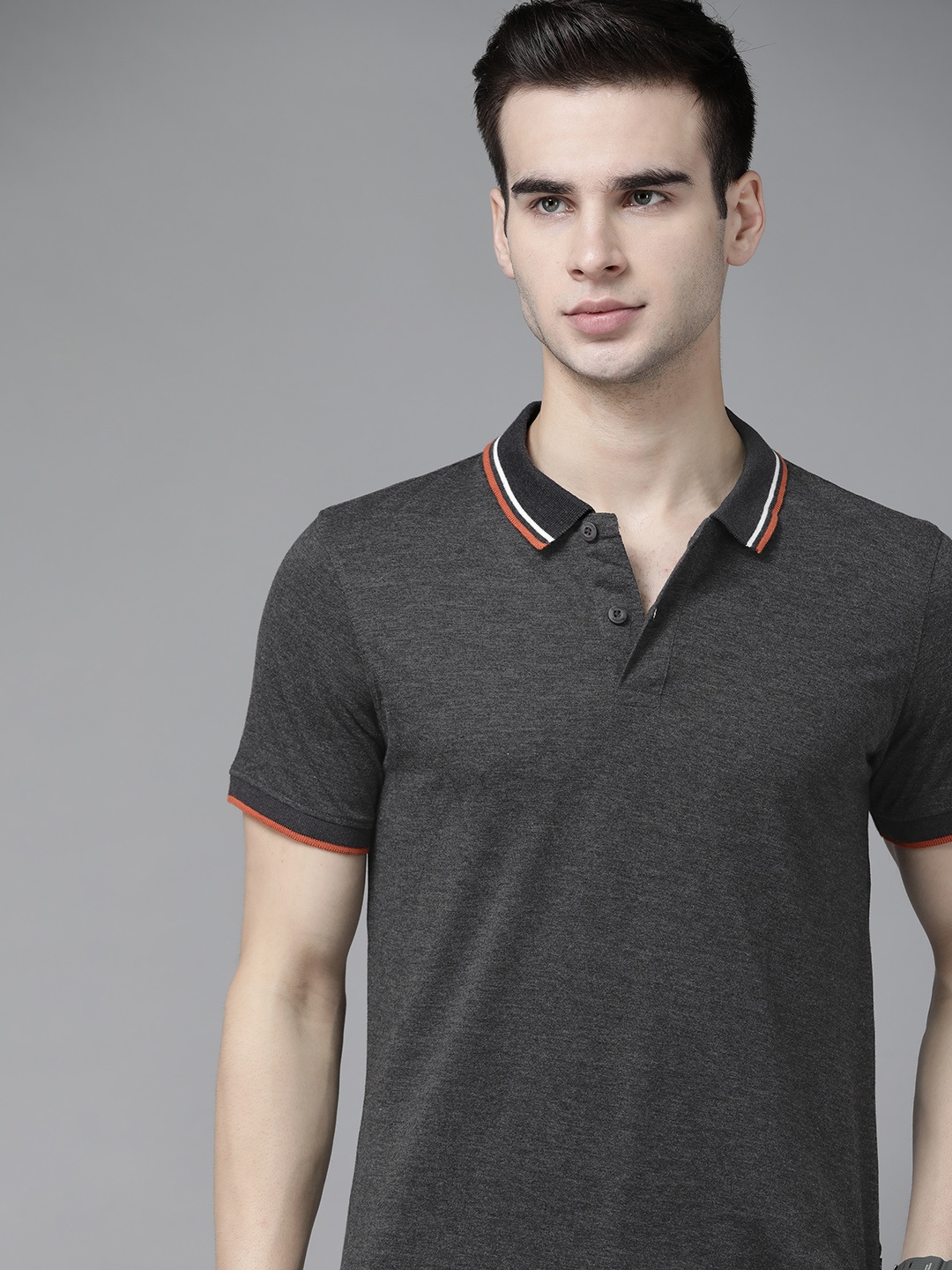 

The Roadster Lifestyle Co Men Charcoal Grey Solid Pure Cotton Polo Collar Pure Cotton T-shirt