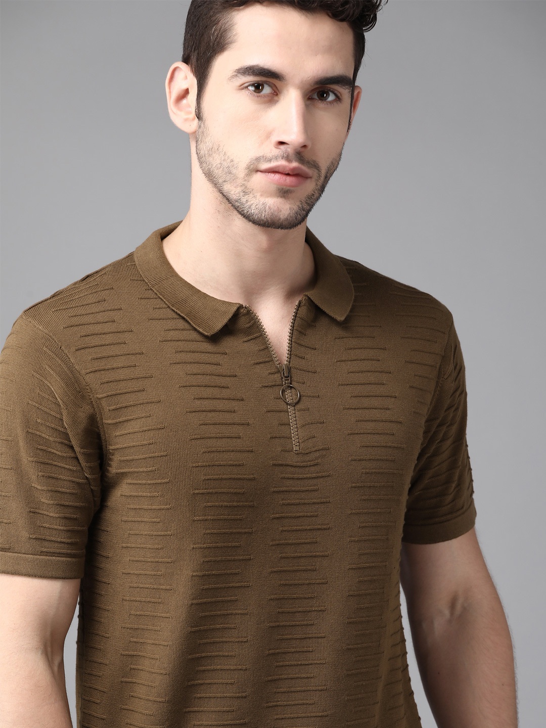 

The Roadster Lifestyle Co Men Olive Brown Self Striped Polo Collar Pure Cotton T-shirt