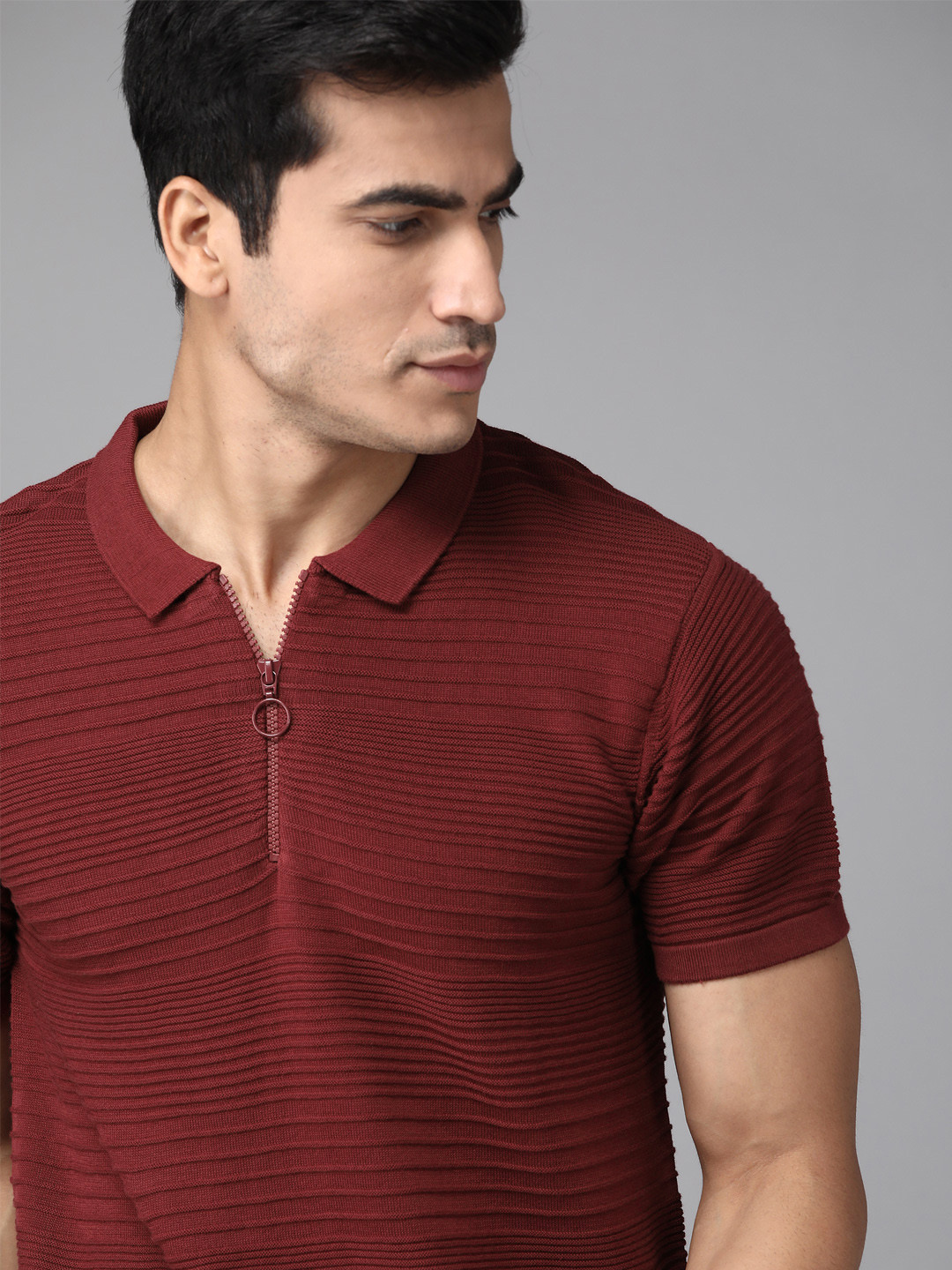 

The Roadster Lifestyle Co Men Maroon Self-Striped Pure Cotton Polo Collar Pure Cotton T-shirt