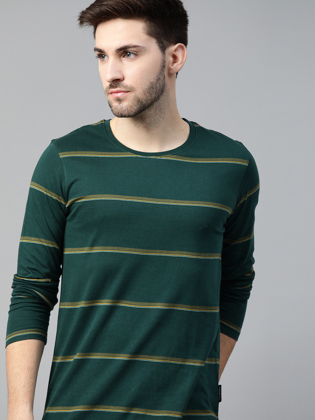 

The Roadster Lifestyle Co Men Teal Green Brown Striped Pure Cotton T-shirt