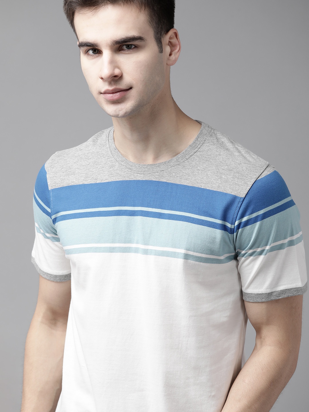 

The Roadster Lifestyle Co Men White Blue Pure Cotton Striped Round Neck Pure Cotton T-shirt