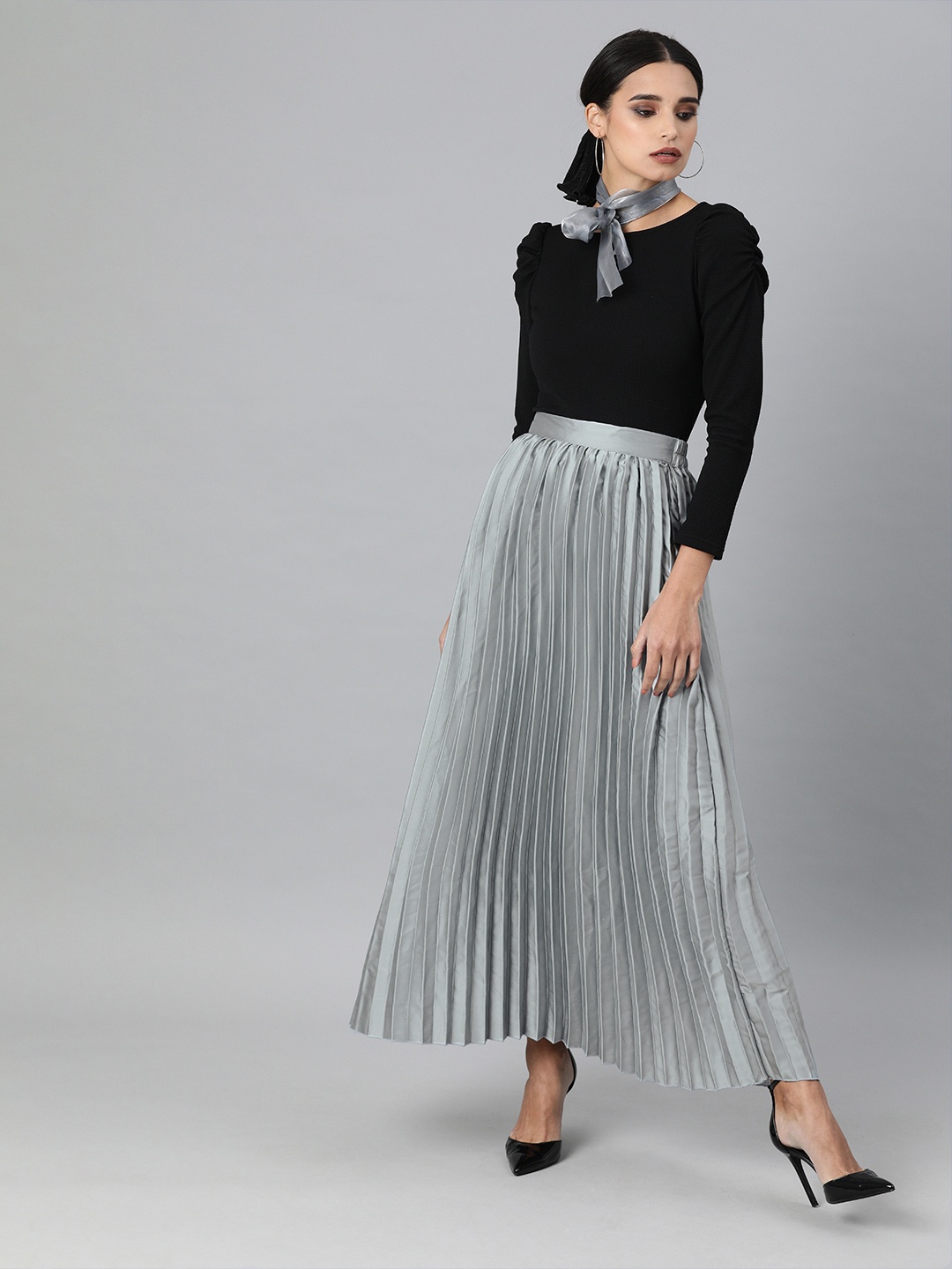 

plusS Blue Satin Finish Accordion Pleated A-Line Skirt