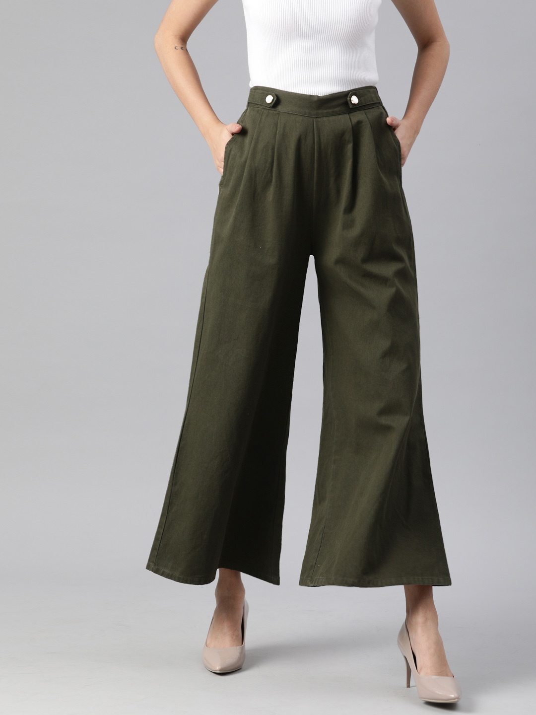 

plusS Women Olive Green Solid Flared Palazzos