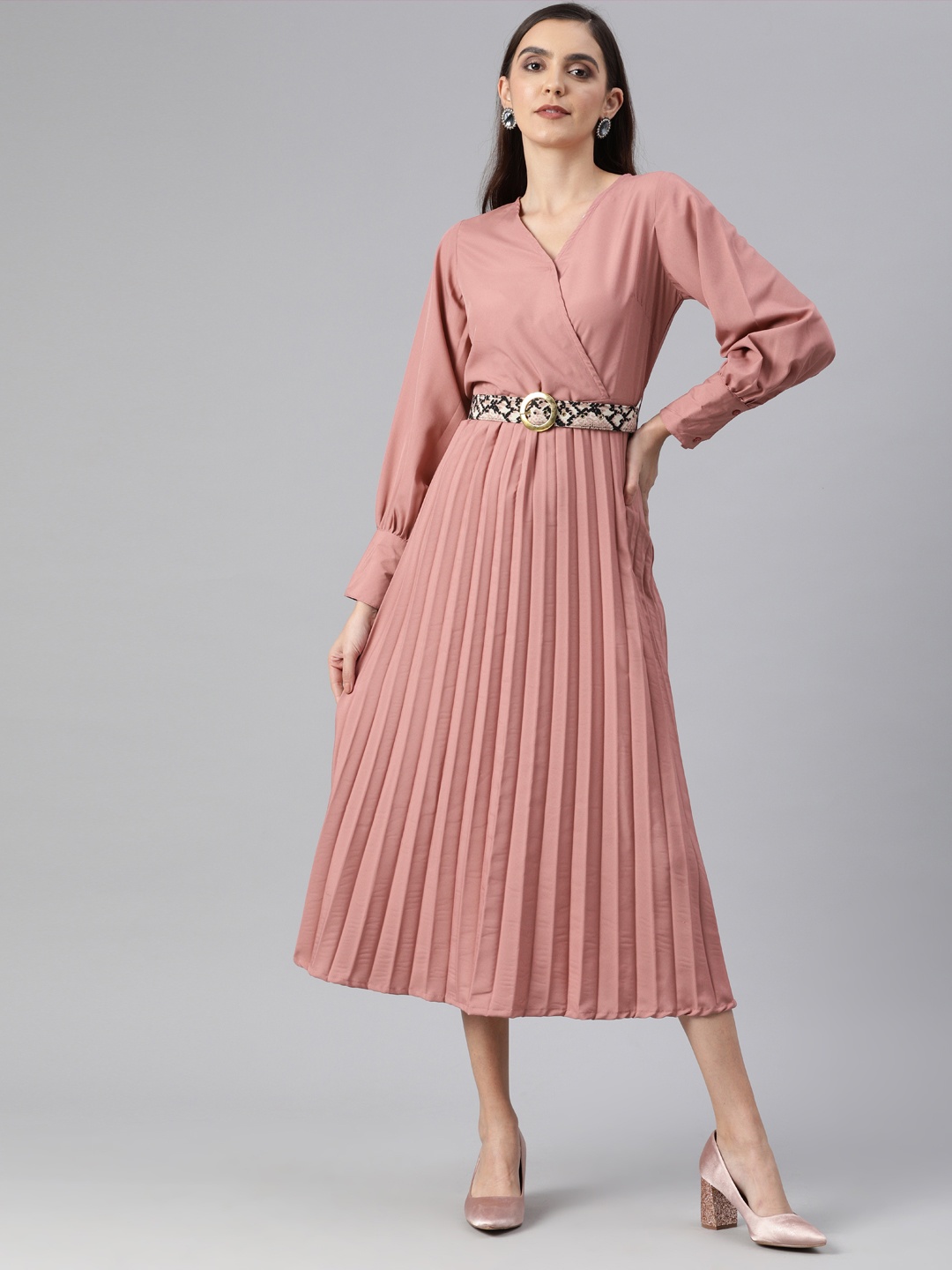 

plusS Peach-Coloured Accordion Pleated Wrap Dress