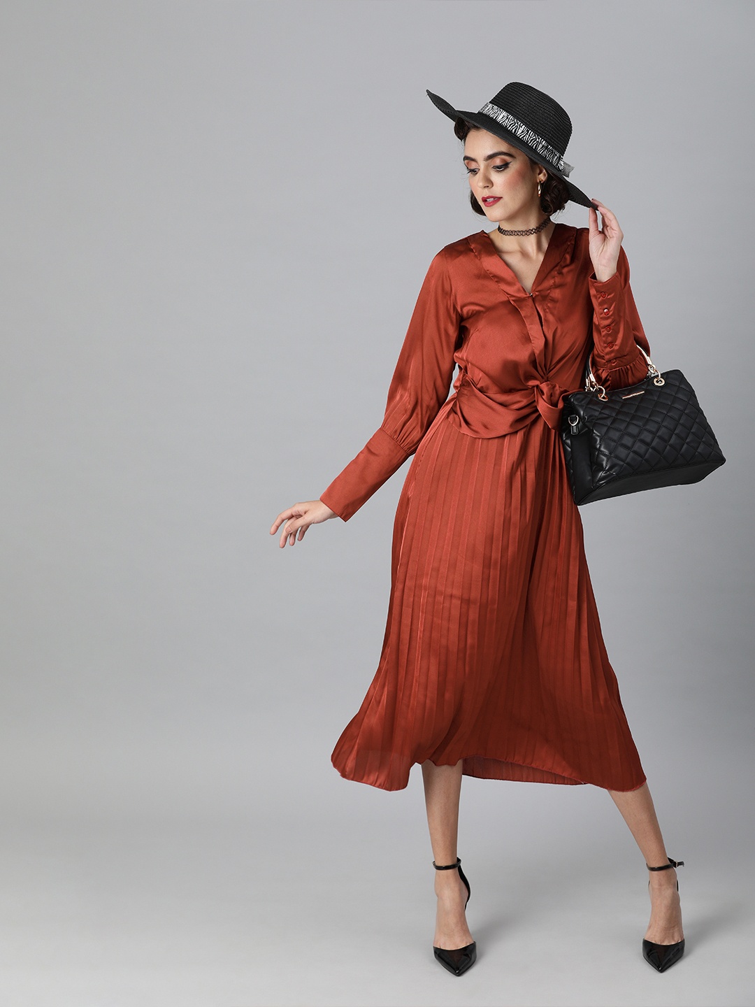 

plusS Women Rust Brown Solid Satin Finish Accordion Pleat Midi A-Line Dress