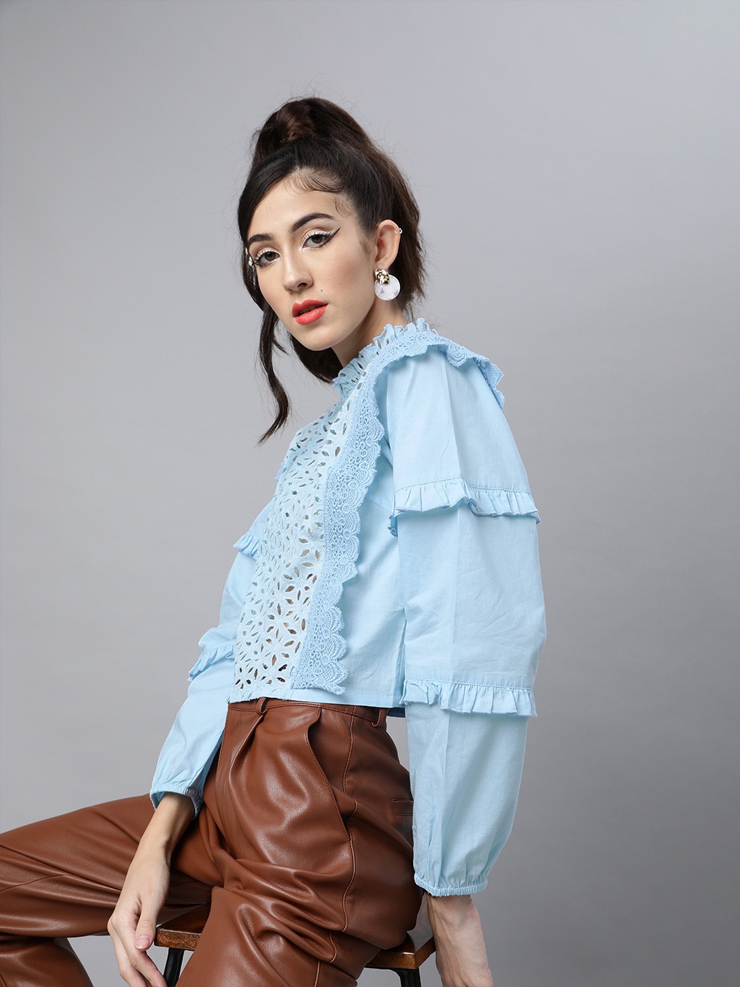 

plusS Blue Puff Sleeves Pure Cotton Ruffled Schiffli Laced Regular Top