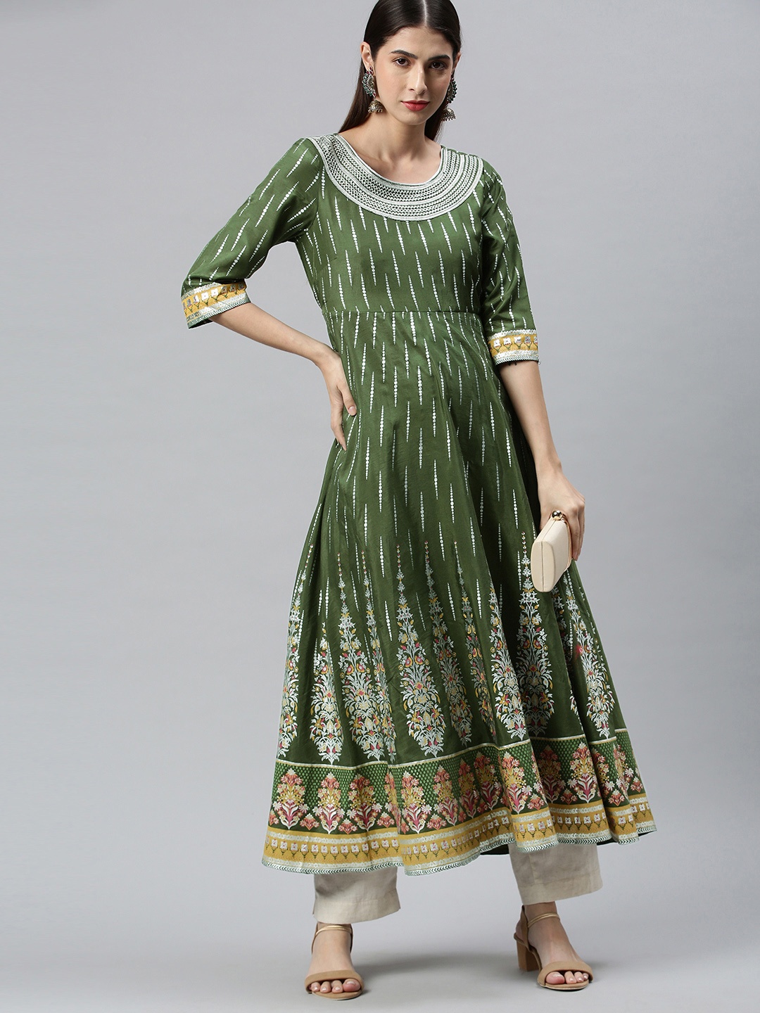 

AURELIA Women Olive Green & White Tribal Printed Thread Work Anarkali Kurta