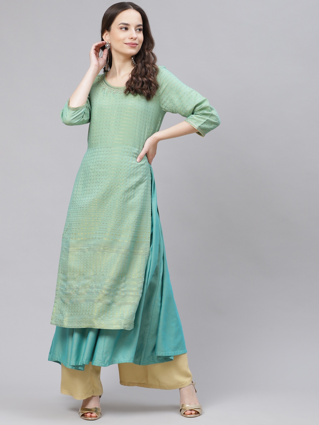 

Aurelia Women Green Striped Rayon A-Line Kurta