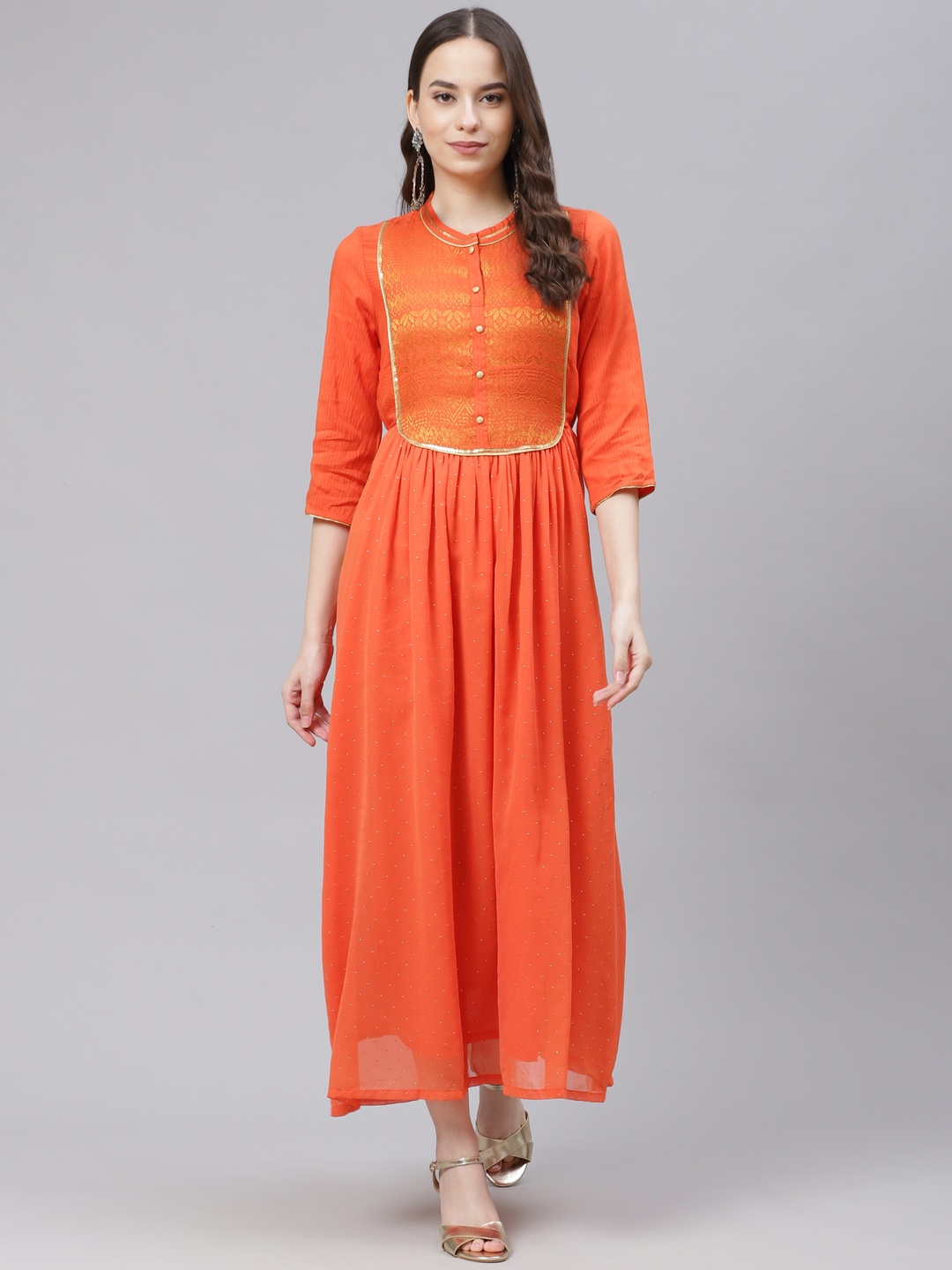 

AURELIA Orange & Golden Yoke Design Maxi Dress