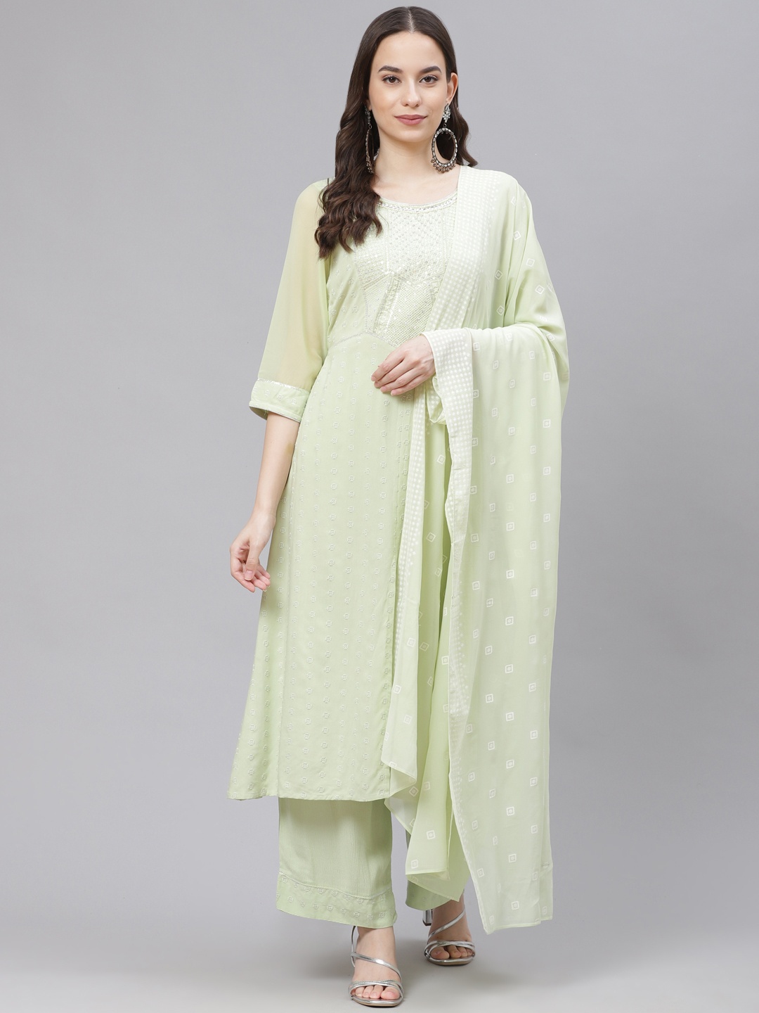 

AURELIA Women Green & White Motifs Print Sequinned A-line Kurta with Palazzos & Dupatta
