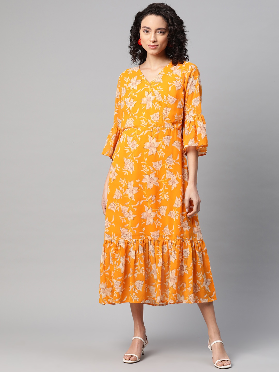 

plusS Women Mustard Yellow & Beige Floral Printed Wrap Dress