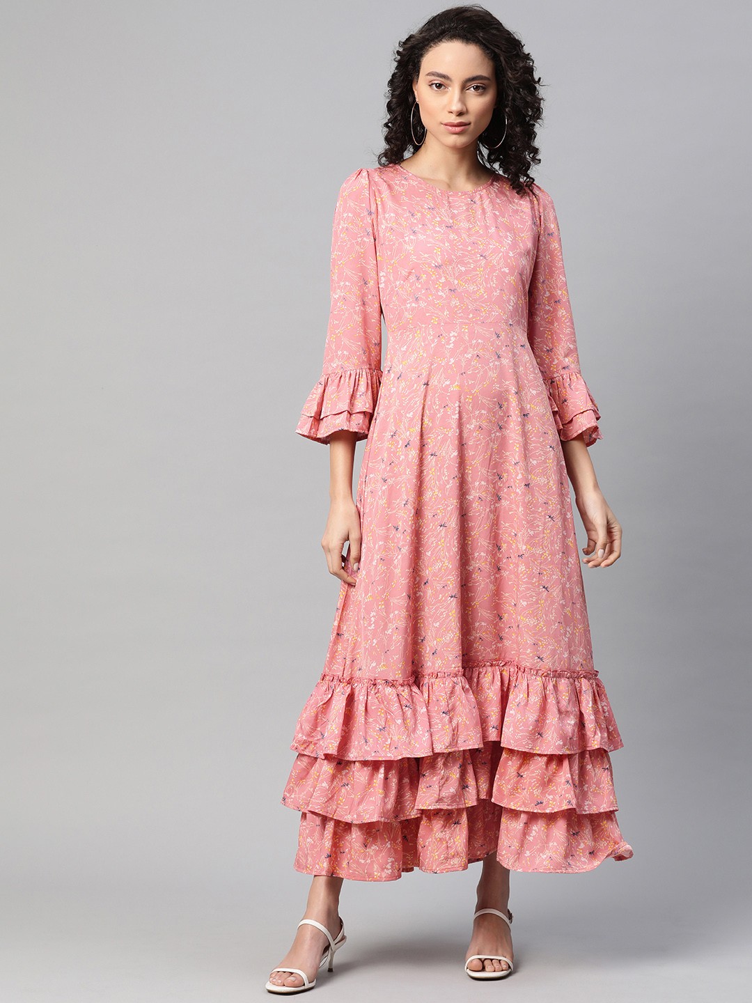 

plusS Women Pink & Yellow Printed Ruffled Maxi Dress