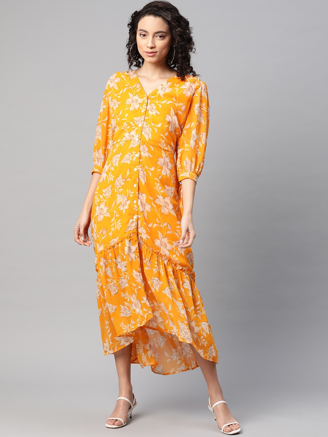 

plusS Women Mustard Yellow & Beige Floral Printed Maxi Dress