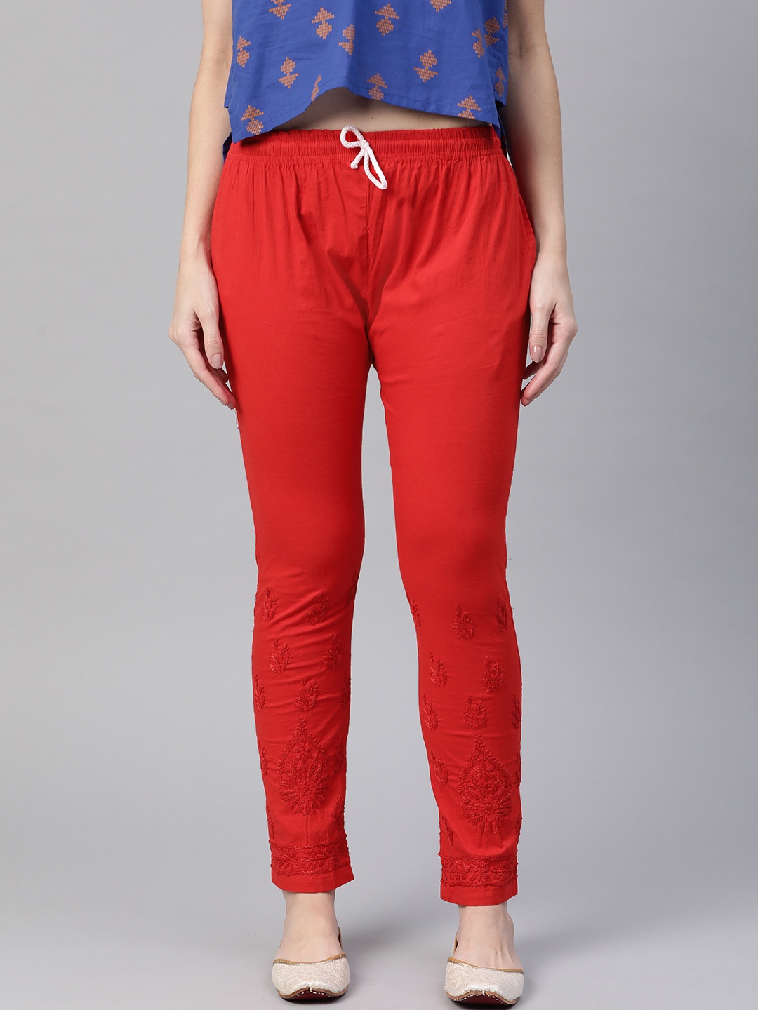 

Saadgi Women Red Chikankari Embroidered Cotton Handloom Slim Fit Cigarette Trousers