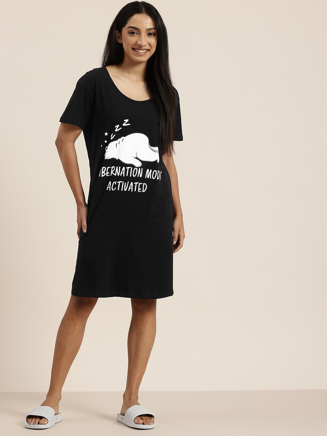 

HERE&NOW Pure Cotton Printed Nightdress, Black