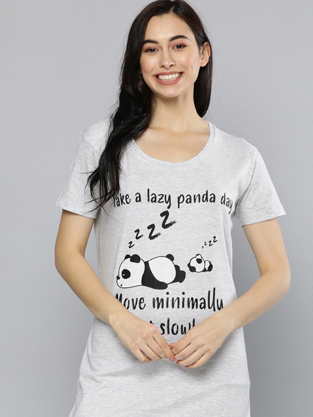

HERE&NOW Grey Melange & Black Printed Nightdress