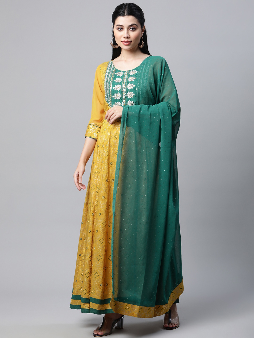 

AURELIA Mustard Yellow & Green Ethnic Motifs Maxi Dress with Dupatta