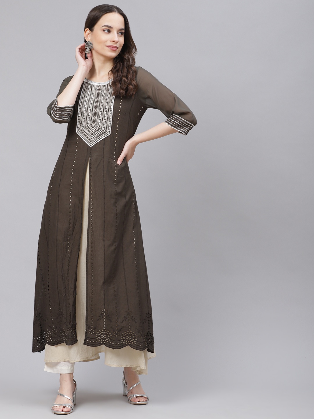 

AURELIA Women Brown & Beige Yoke Design Pure Cotton Layered A-Line Kurta