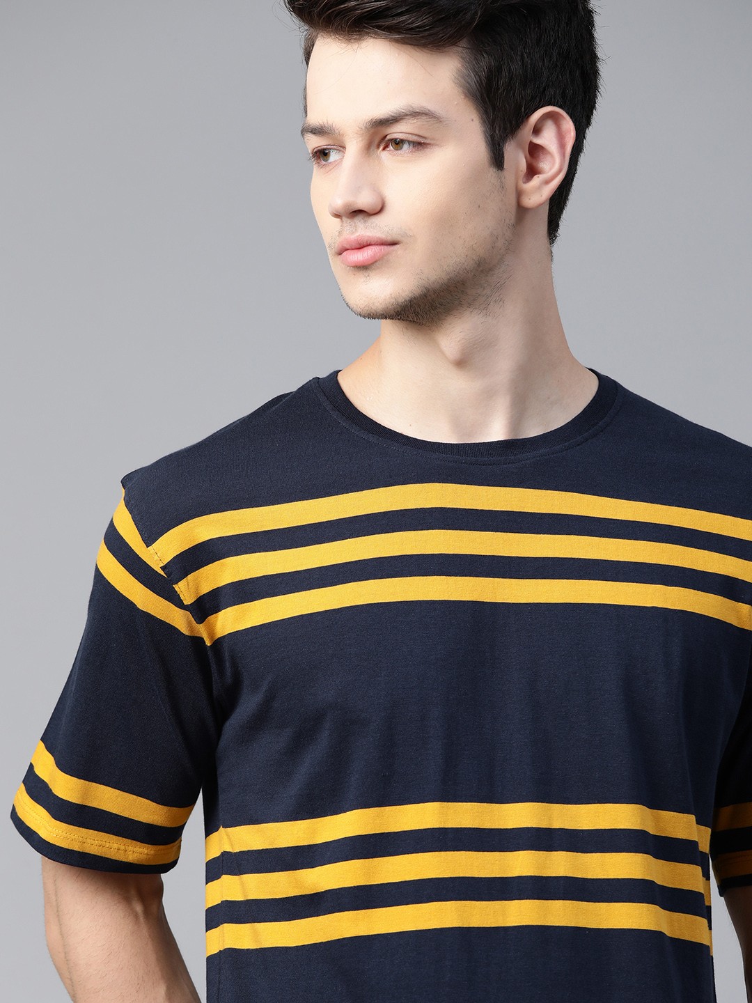 

The Roadster Lifestyle Co Men Navy Blue & Mustard Yellow Striped Pure Cotton T-shirt