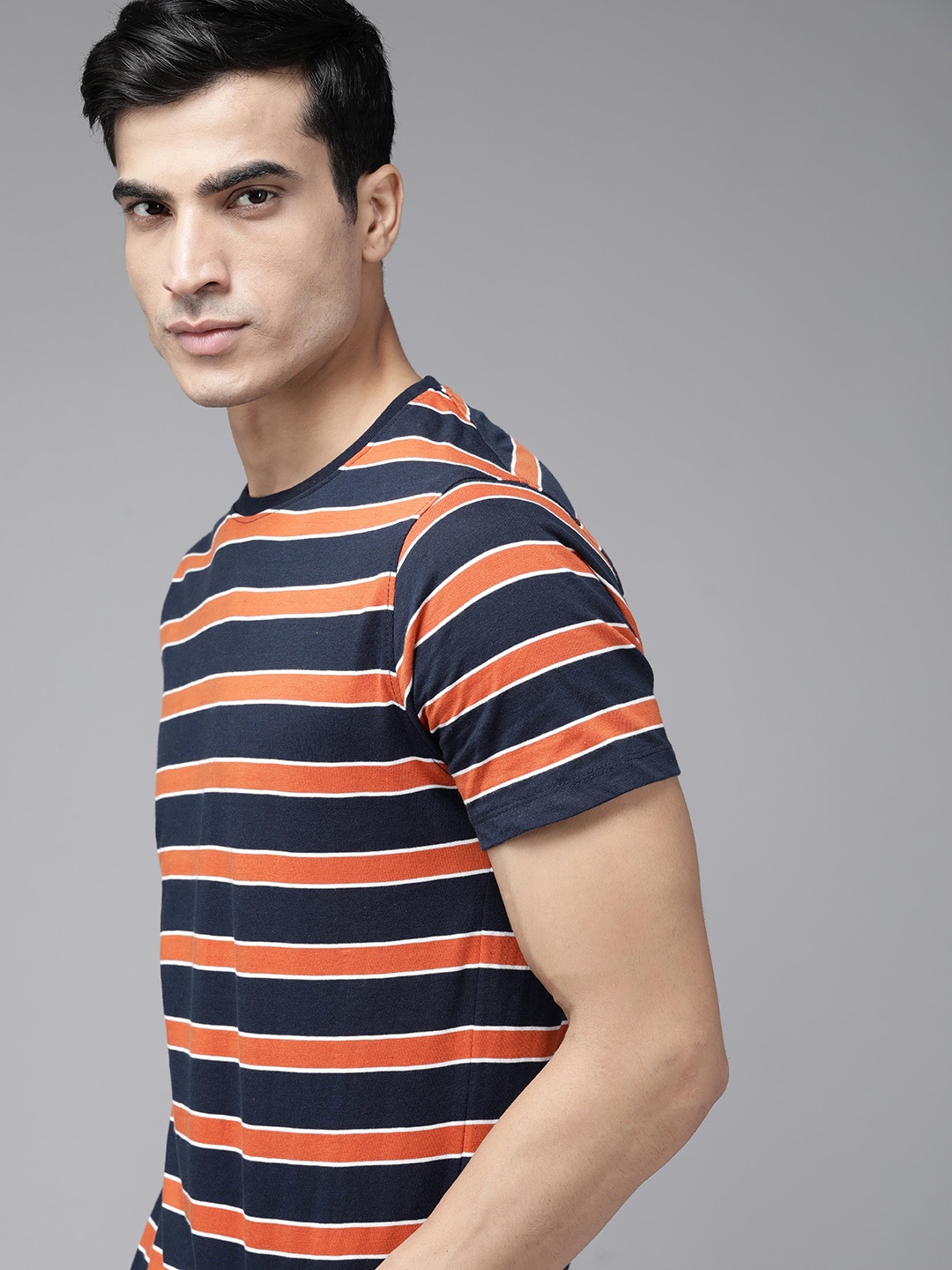 

The Roadster Lifestyle Co Men Navy Blue & Orange Striped Cotton T-shirt