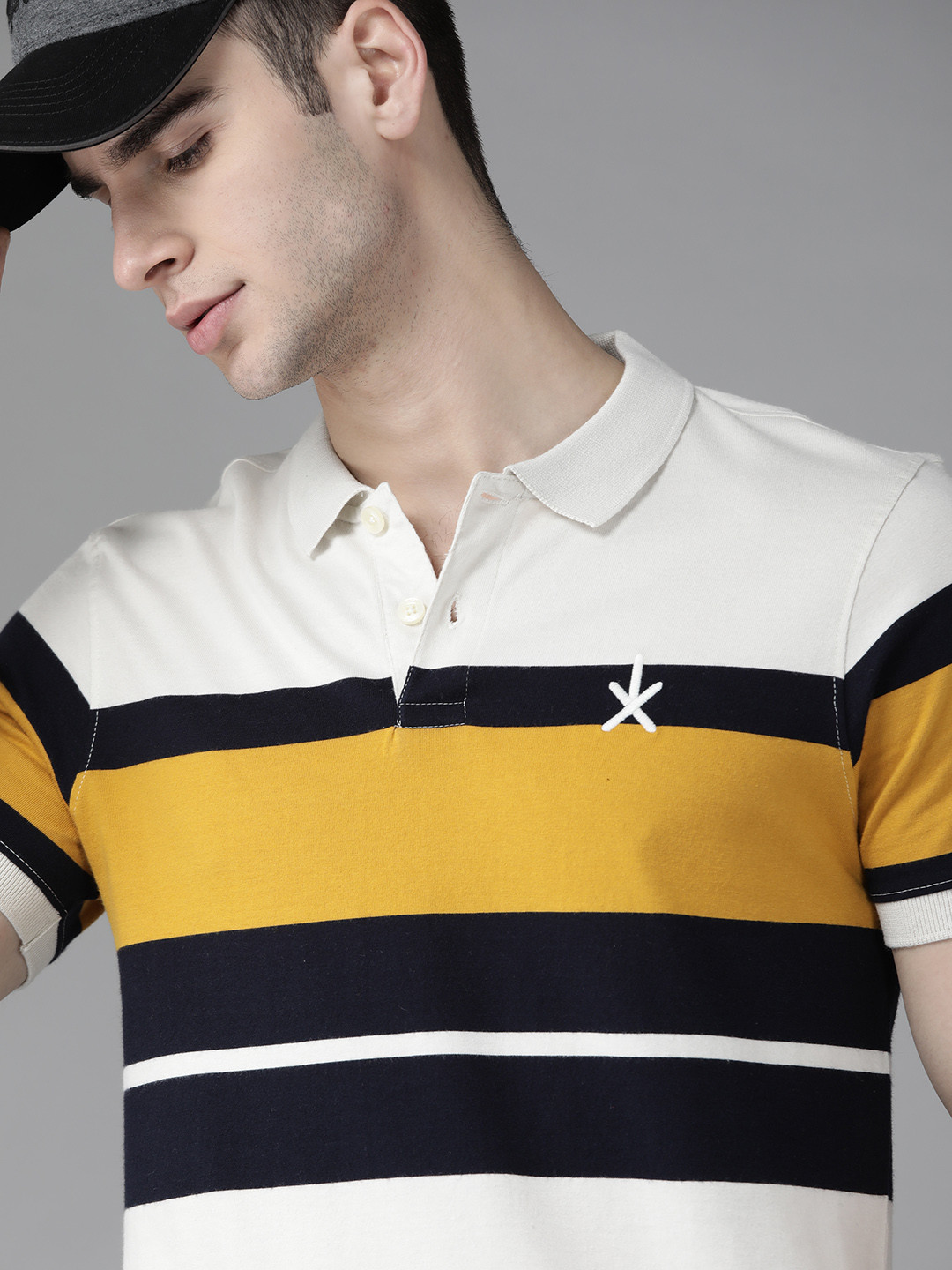 

The Roadster Lifestyle Co Men White & Navy Blue Striped Polo Collar T-shirt