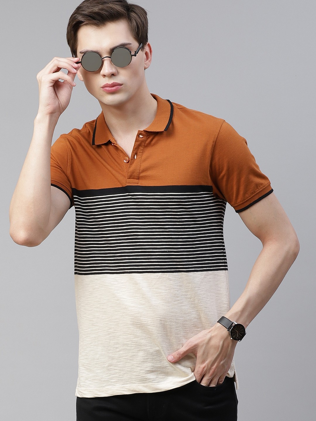 

The Roadster Lifestyle Co Men Rust Orange & Off White Striped Pure Cotton Polo Collar T-shirt