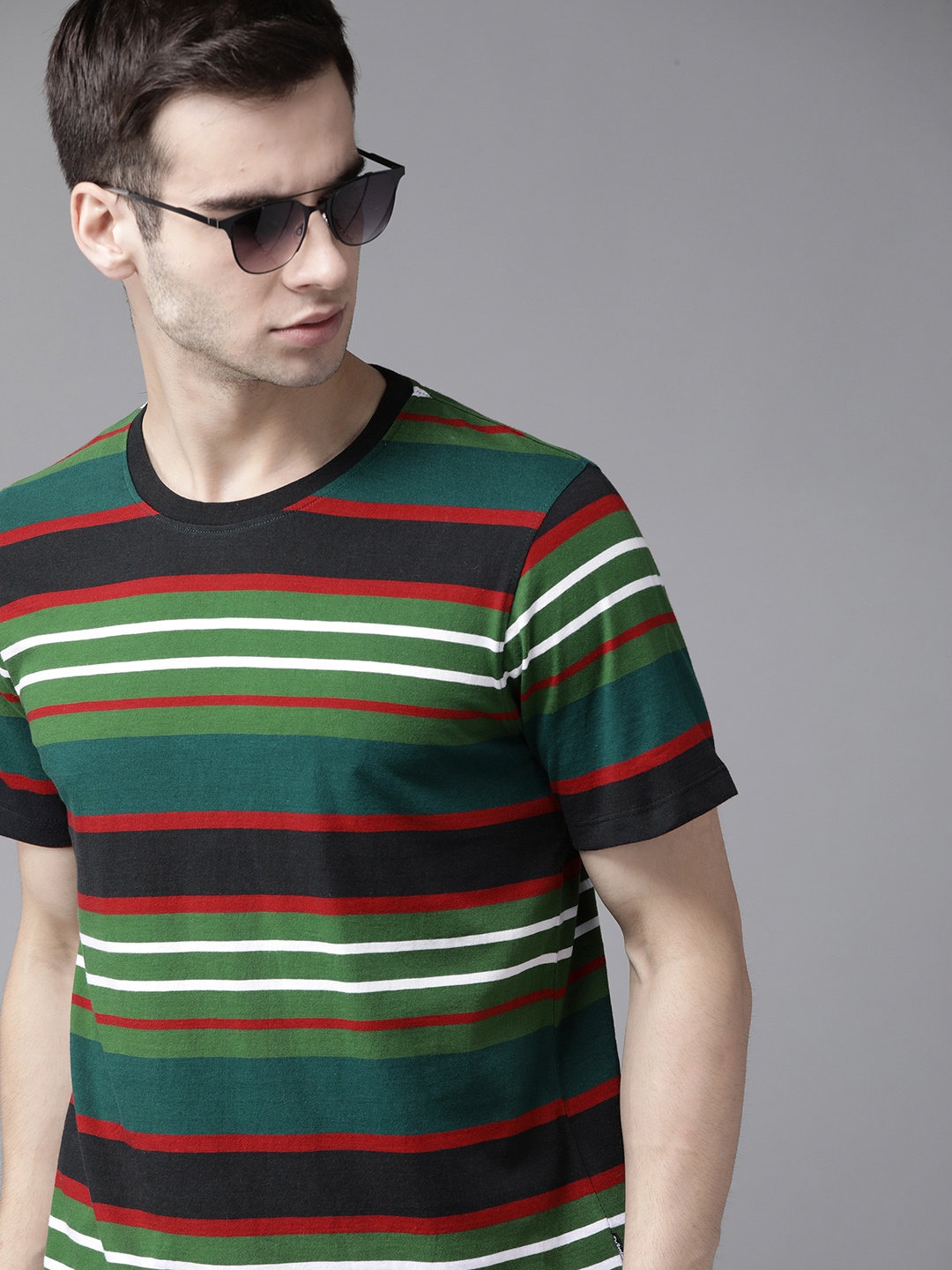 

The Roadster Lifestyle Co Men Green Red Striped Pure Cotton T-shirt