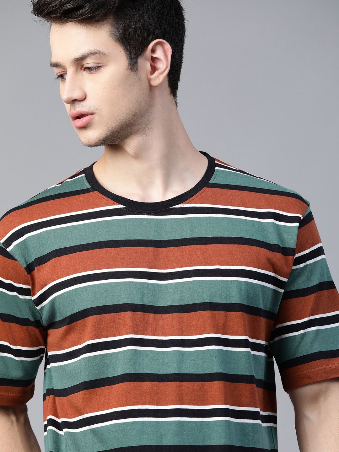 

The Roadster Lifestyle Co Men Green & Brown Striped Pure Cotton T-shirt