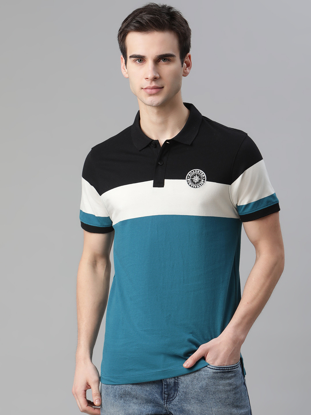 

The Roadster Lifestyle Co Men Teal Blue Black Cotton Colourblocked Polo Collar Pure Cotton T-shirt