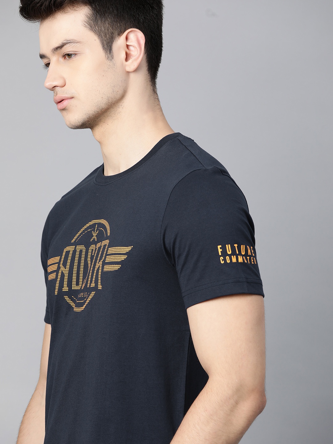 

The Roadster Lifestyle Co Men Navy Blue Yellow Brand Logo Printed Pure Cotton T-shirt