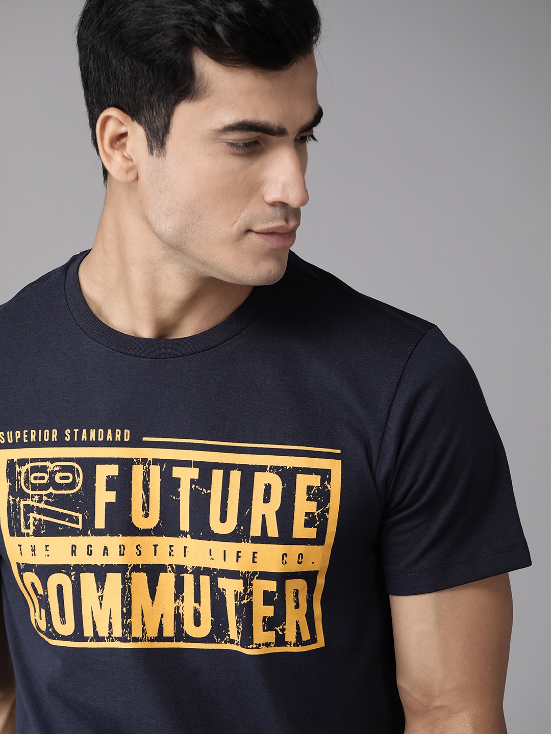 

The Roadster Lifestyle Co Men Navy Blue Mustard Yellow Typography Print Round Neck Pure Cotton T-shirt