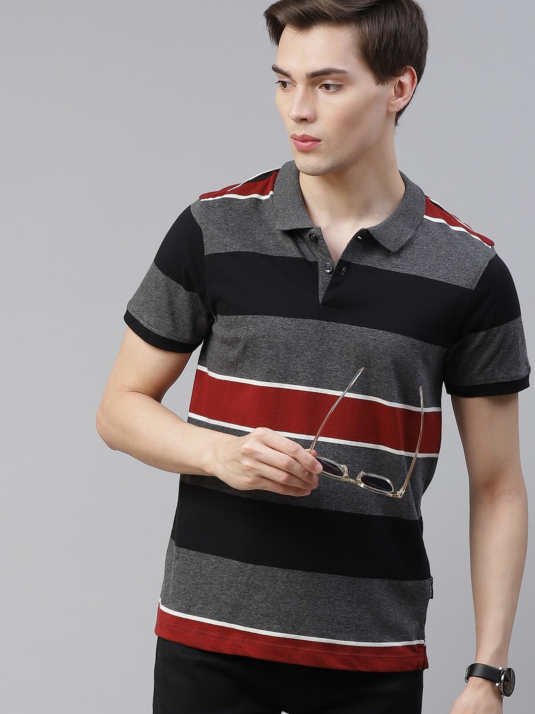 

The Roadster Lifestyle Co Men Charcoal Grey & Maroon Striped Polo Collar T-shirt