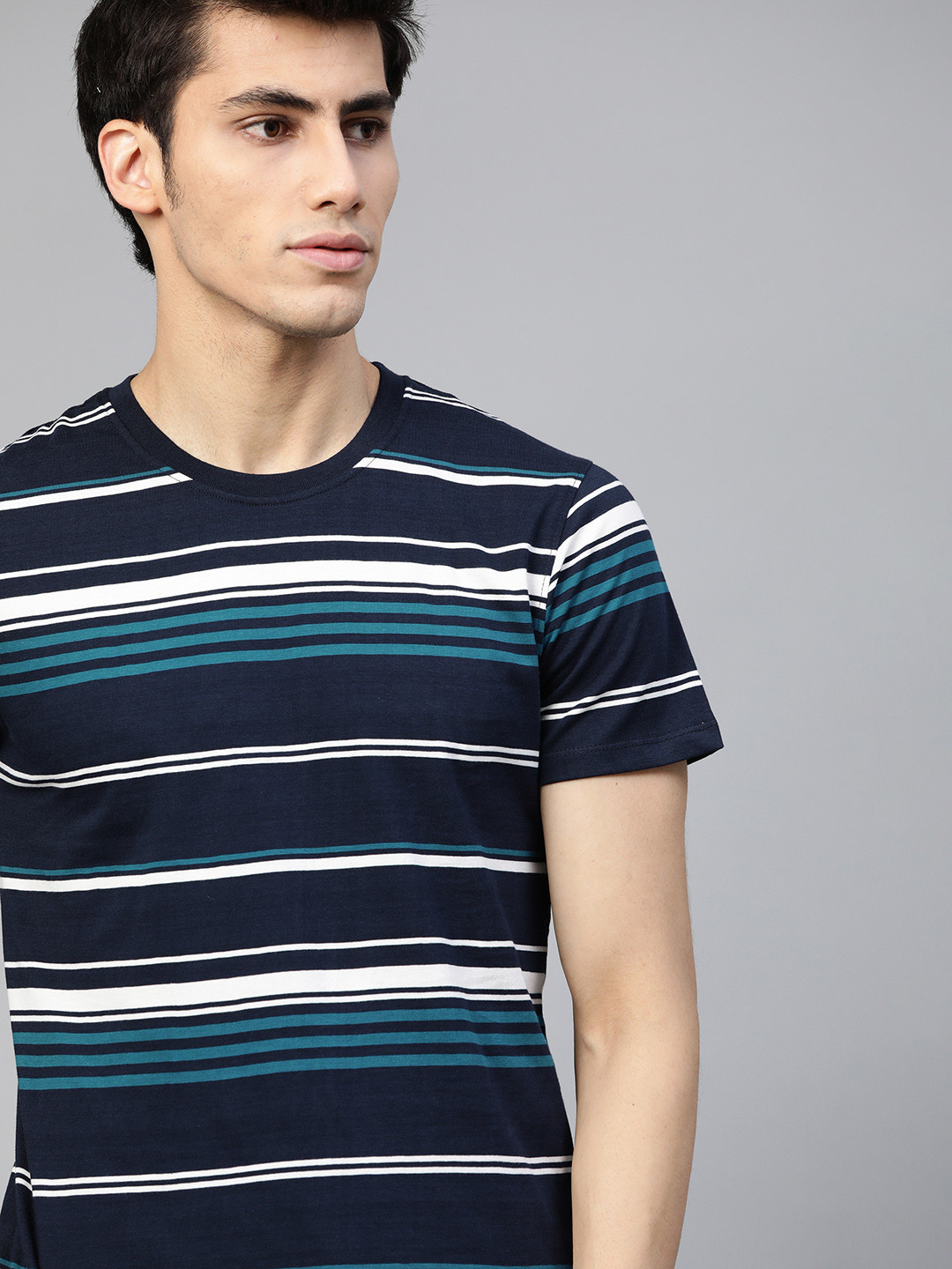 

The Roadster Lifestyle Co Men Navy Blue White Striped Pure Cotton T-shirt