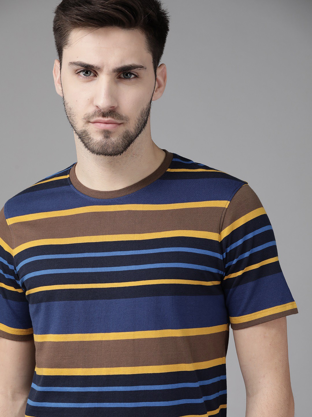 

Roadster Men Navy Blue Mustard Yellow Striped Pure Cotton T-shirt