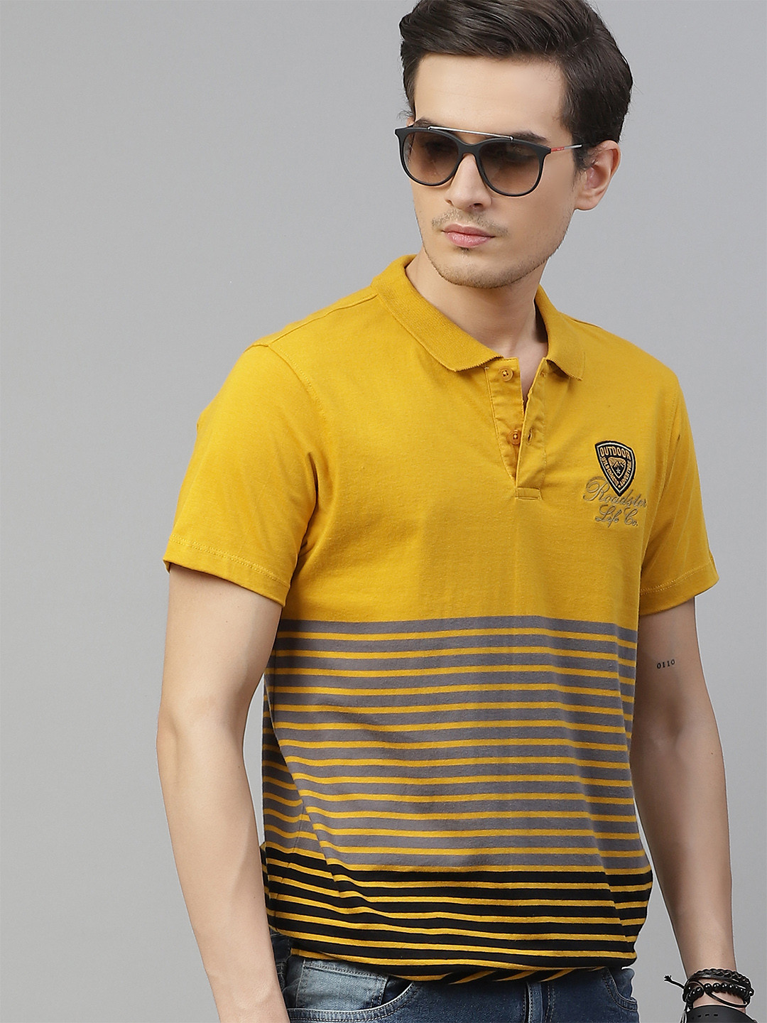 

The Roadster Lifestyle Co Men Mustard Yellow Grey Striped Pure Cotton Polo Collar Pure Cotton T-shirt