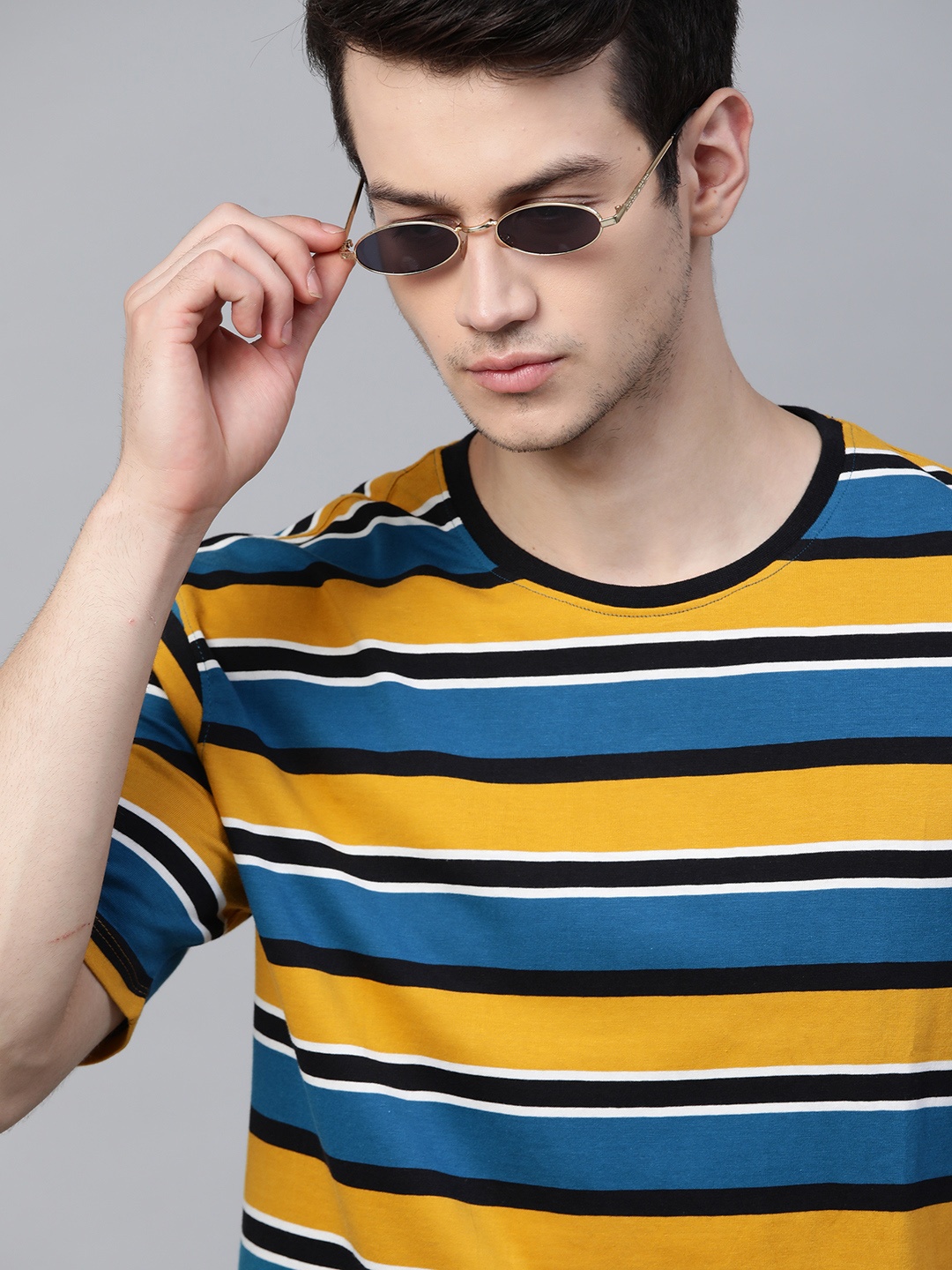 

The Roadster Lifestyle Co Men Mustard Yellow & Blue Striped Pure Cotton T-shirt