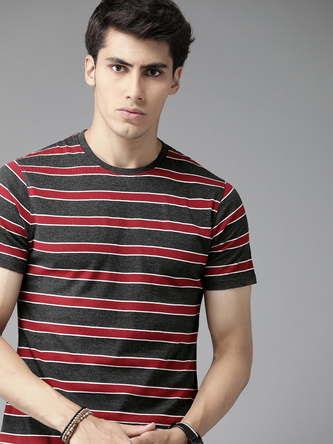 

Roadster Men Charcoal Red Striped T-shirt