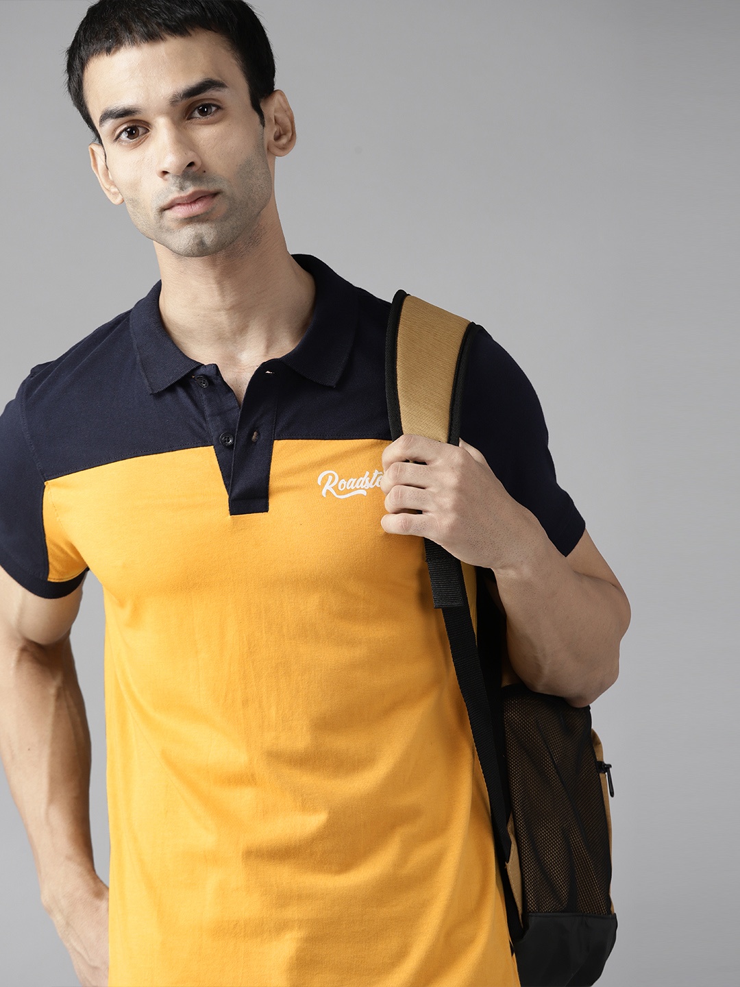 

The Roadster Lifestyle Co Men Yellow Navy Blue Cotton Colourblocked Polo Collar Pure Cotton T-shirt