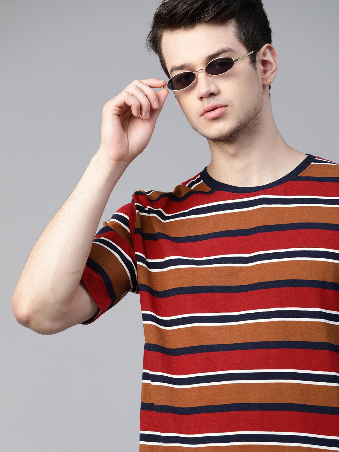 

The Roadster Lifestyle Co Men Mustard Brown & Red Striped Pure Cotton T-shirt
