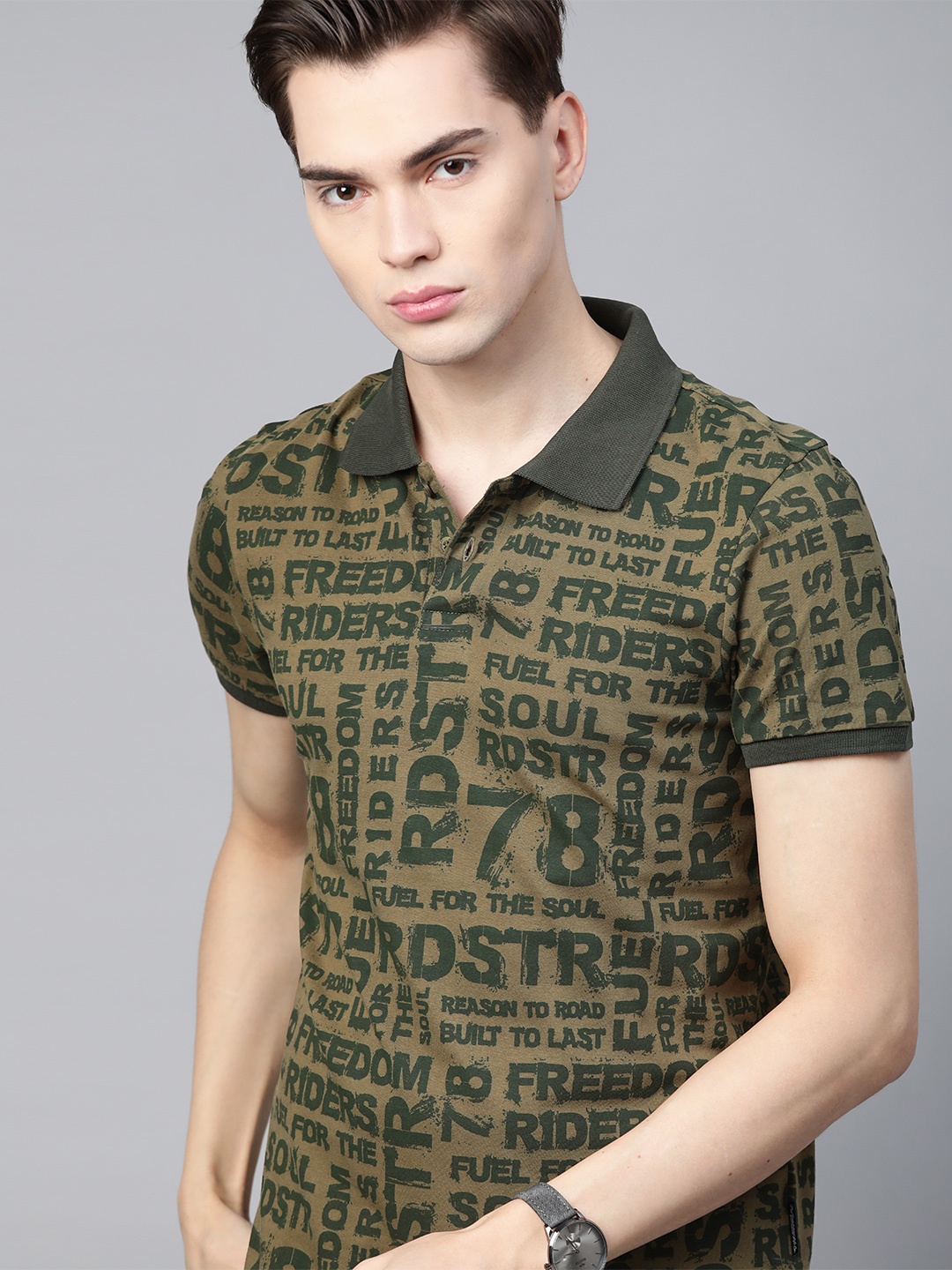 

The Roadster Lifestyle Co Men Olive Green Pure Cotton Brand Logo Printed Polo Collar T-shirt