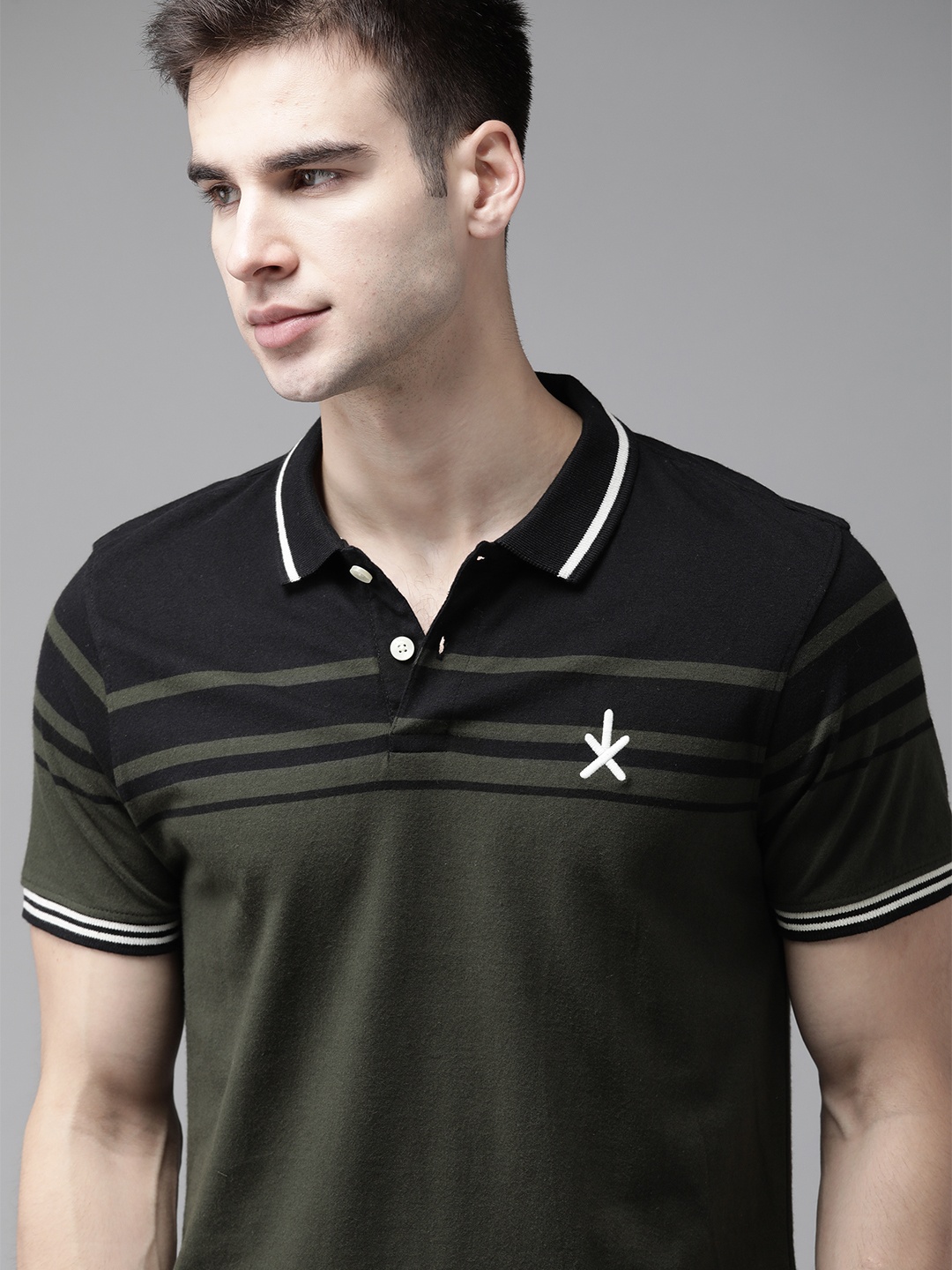 

The Roadster Lifestyle Co Men Olive Green Pure Cotton Colourblocked Polo Collar Pure Cotton T-shirt