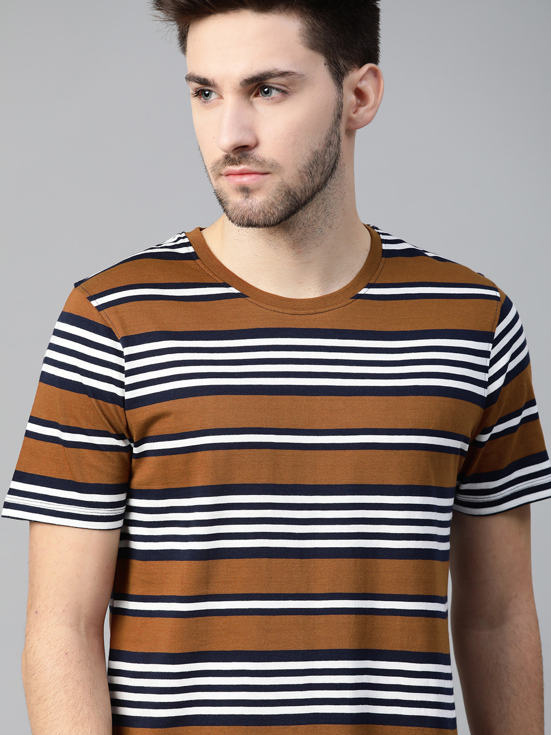 

The Roadster Lifestyle Co Men Navy Blue Brown Striped Pure Cotton T-shirt