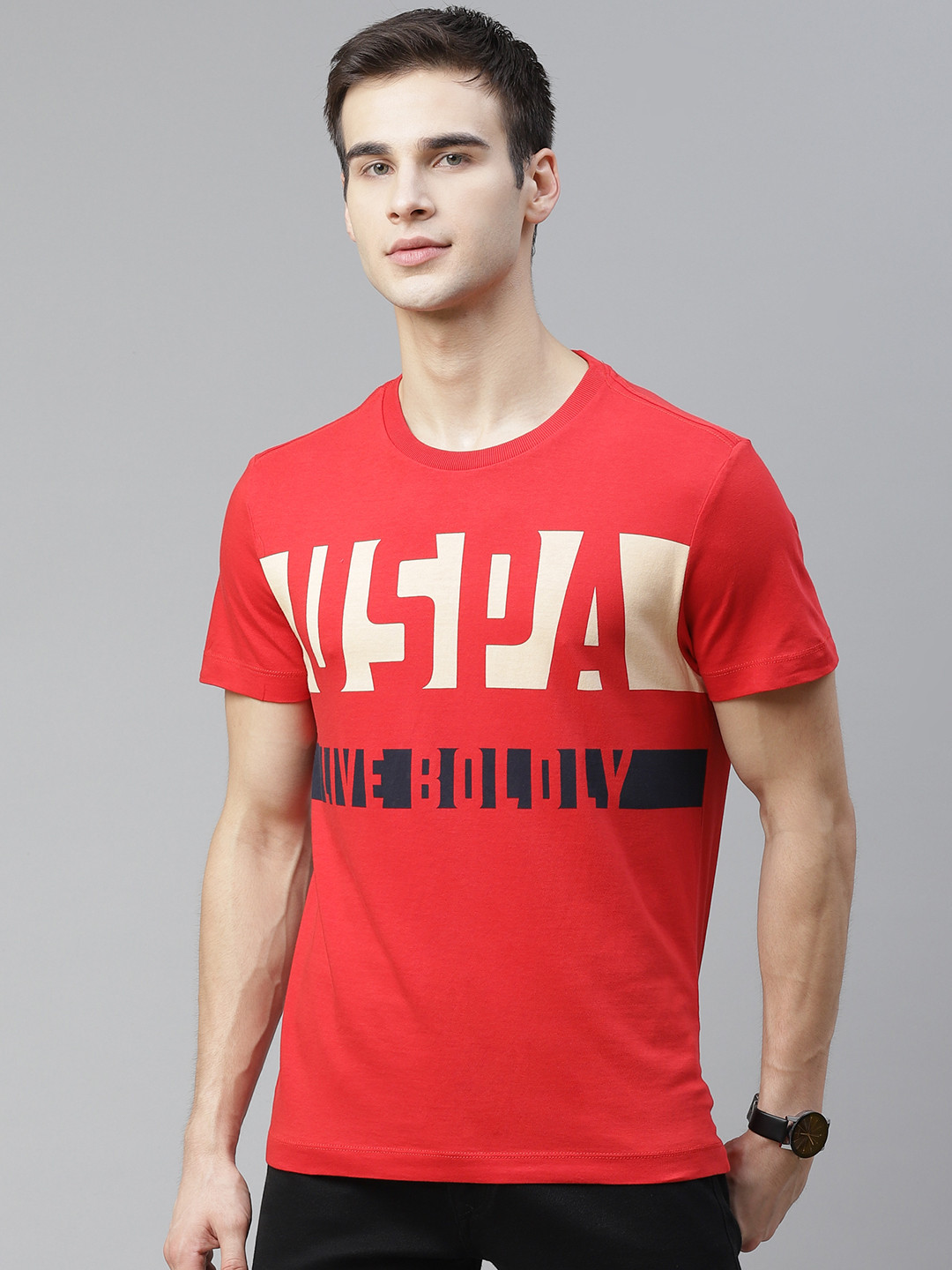 

U S Polo Assn Denim Co Men Red & Beige Pure Cotton Brand Logo Printed T-shirt