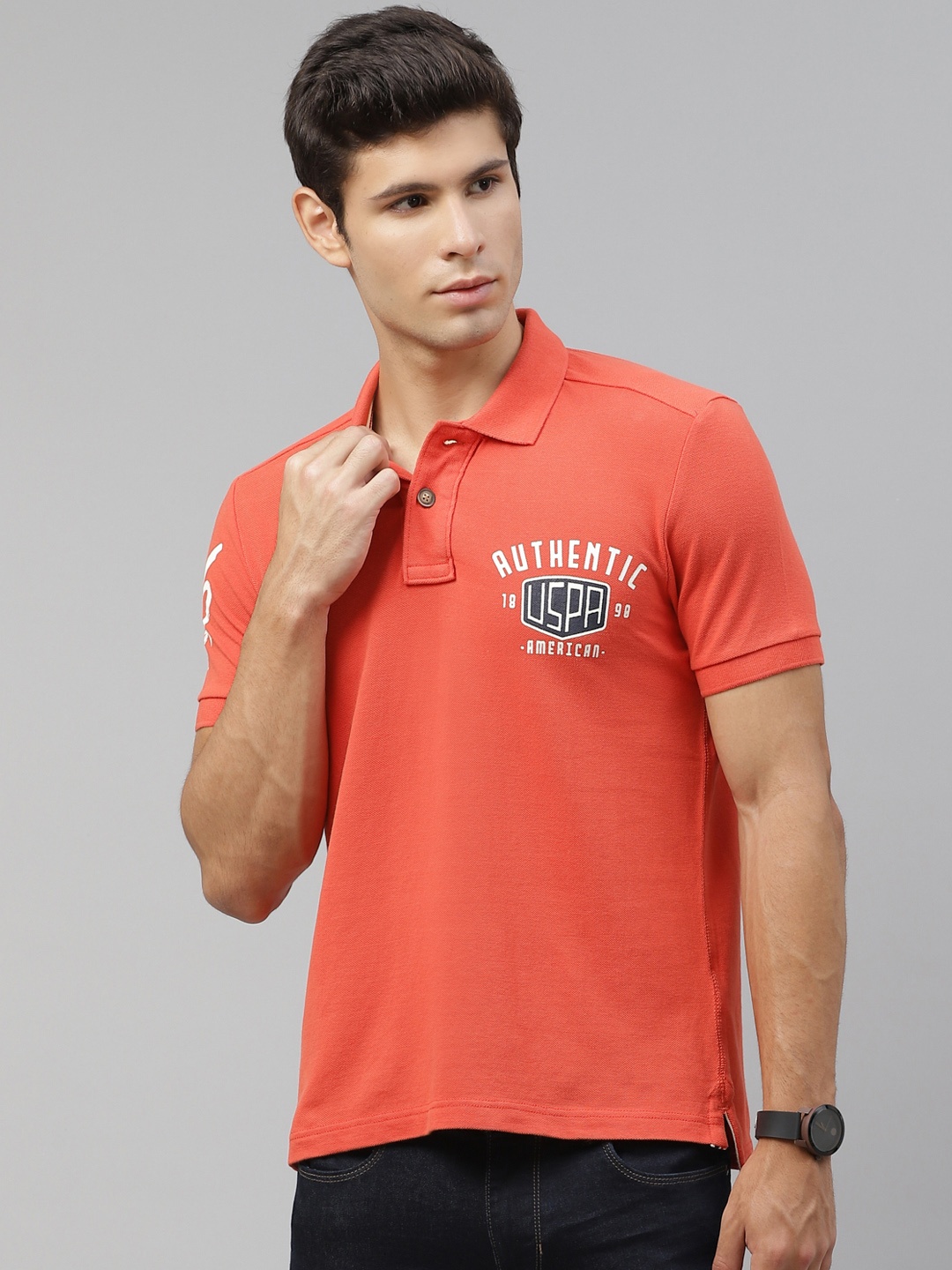 

U S Polo Assn Denim Co Men Coral Orange Brand Logo Printed Detail Pure Cotton T-shirt